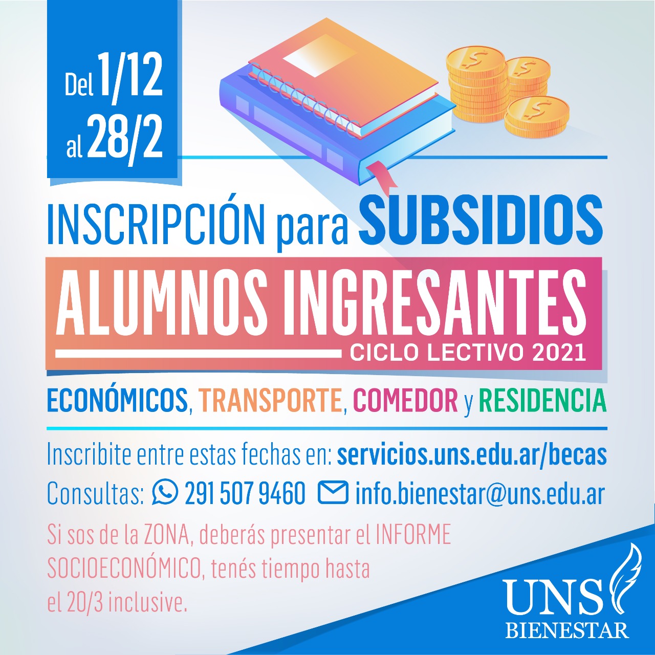 Ciclo Lectivo 2021: Atención: UNS inscripción para subsidios de alumnos ingresantes